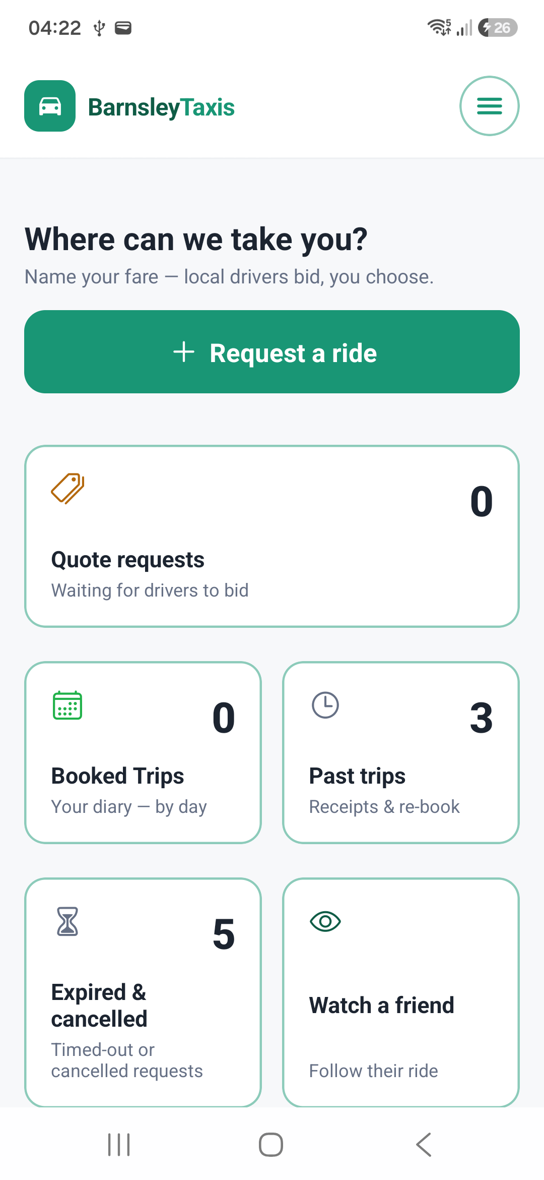 BarnsleyTaxis app home screen