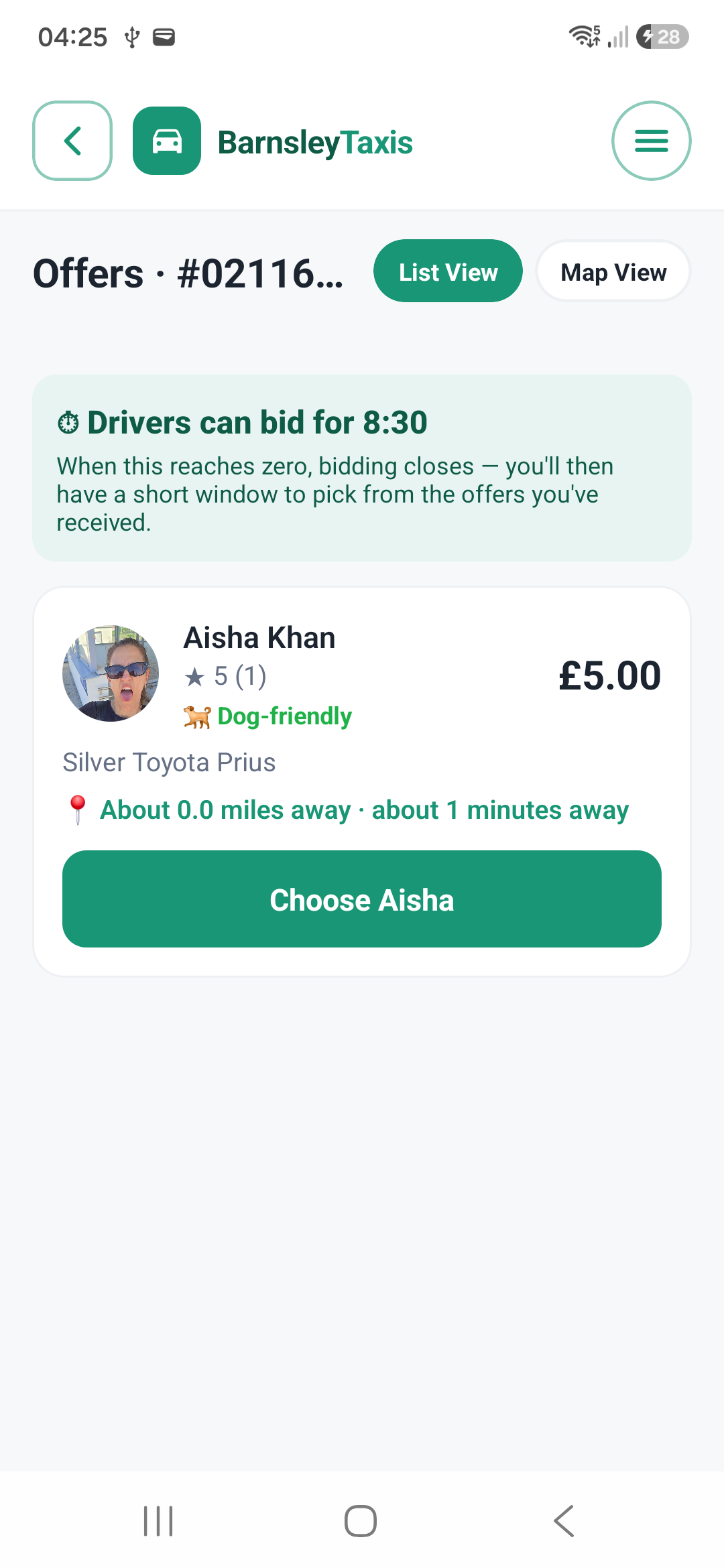 Drivers bidding on a ride in the BarnsleyTaxis app